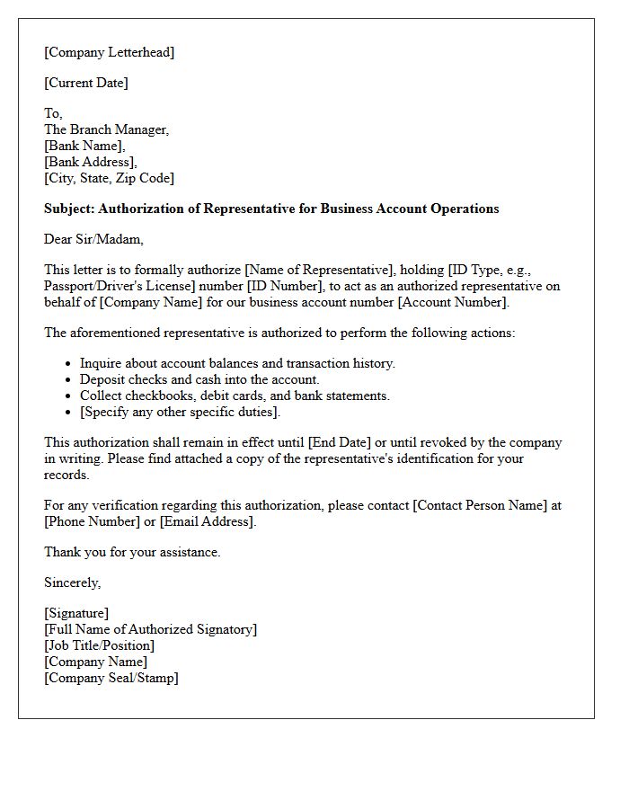 Commercial Bank Representative Business Account Letter