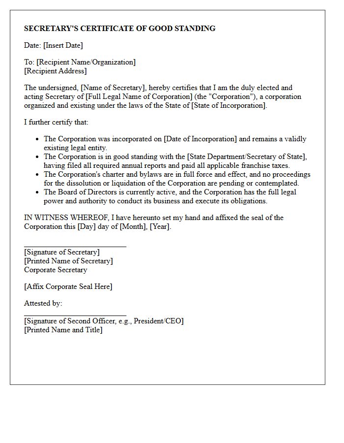 Corporate Secretary Entity Good Standing Letter
