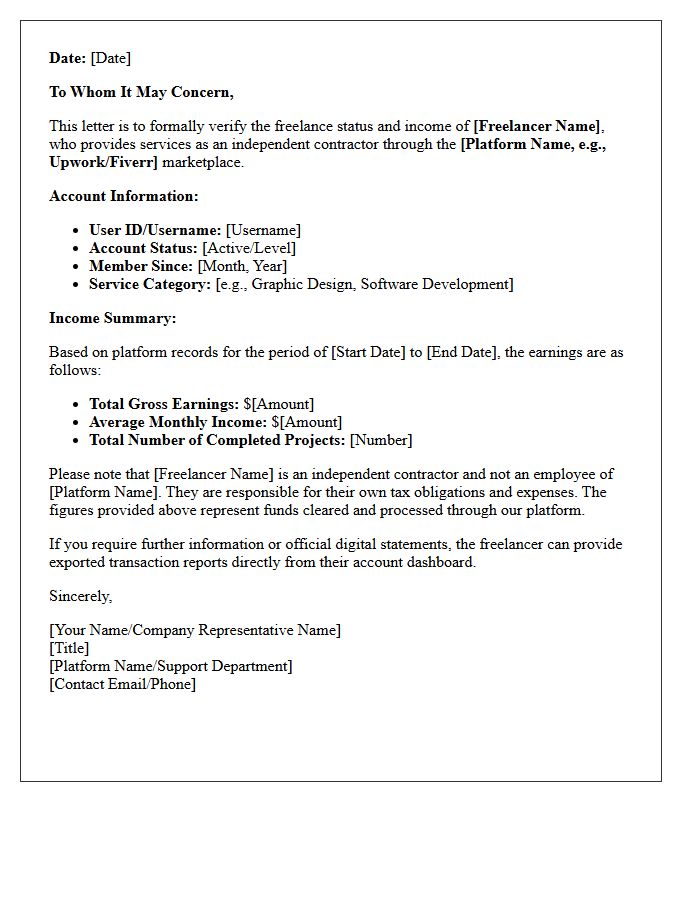 Freelance Platform Income And Status Verification Letter