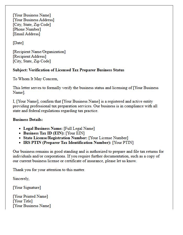 Licensed Tax Preparer Business Status Verification Letter