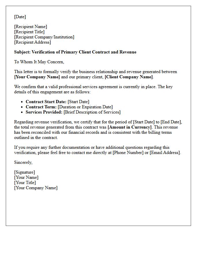 Primary Client Contract And Revenue Verification Letter