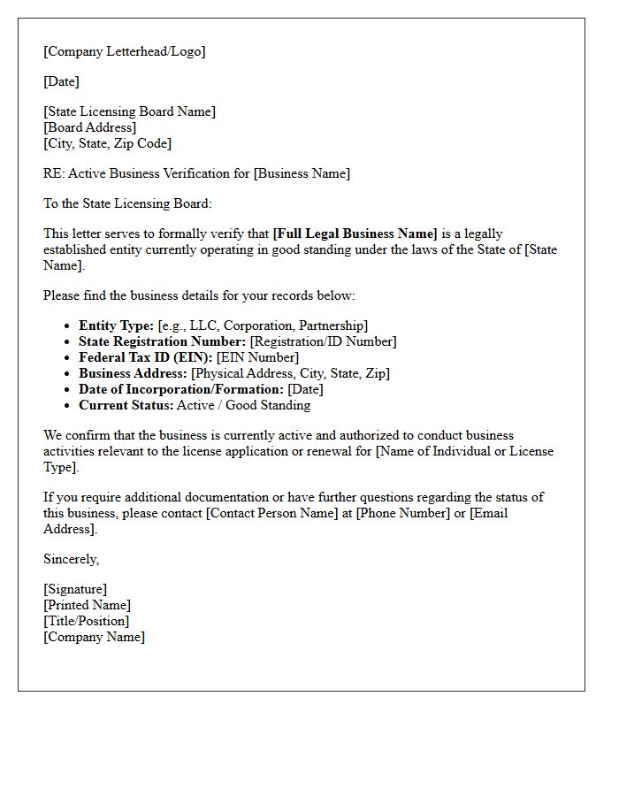State Licensing Board Active Business Verification Letter