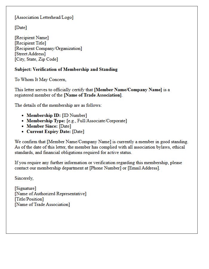Trade Association Membership And Status Letter