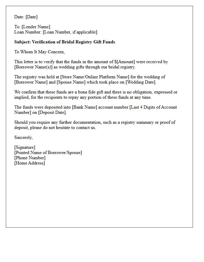 Bridal Registry Verification Of Gift Funds Letter