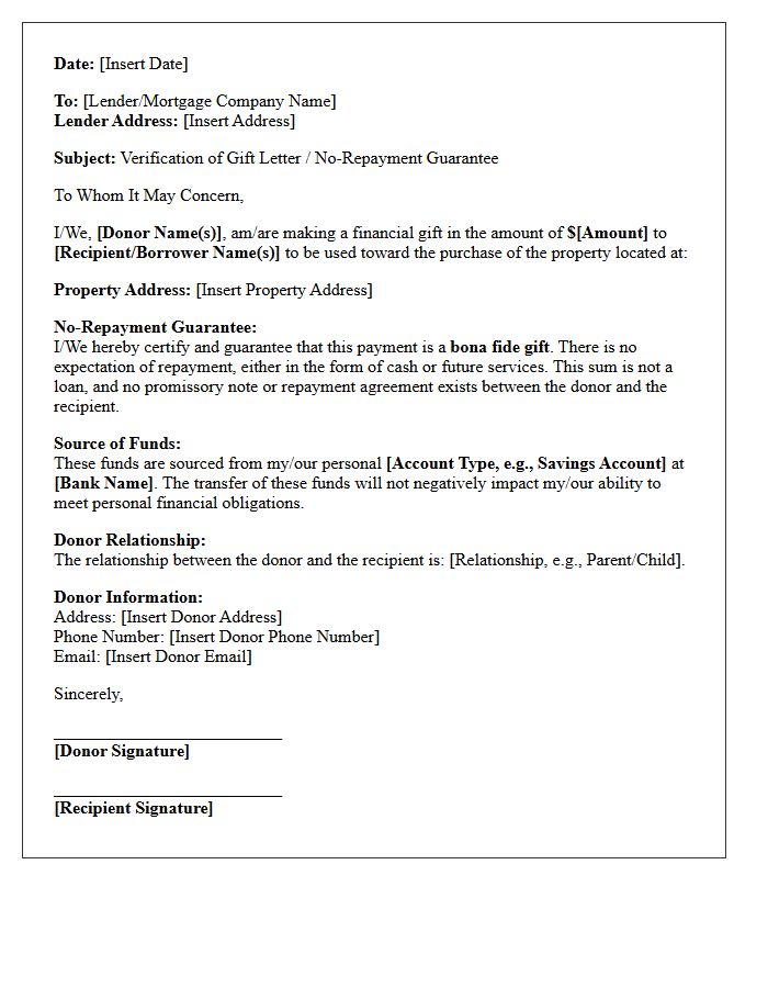 No-Repayment Guarantee Verification Of Gift Letter