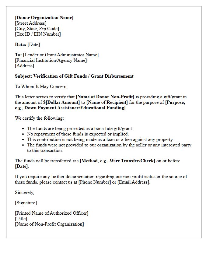 Non-Profit Grant Verification Of Gift Funds Letter