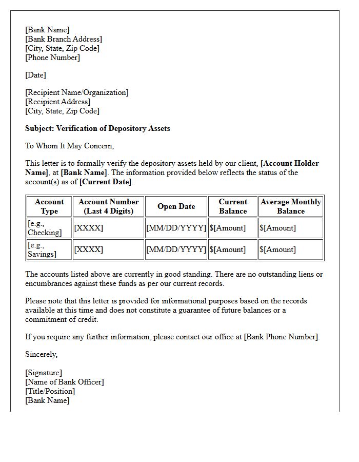 Bank Depository Asset Verification Letter