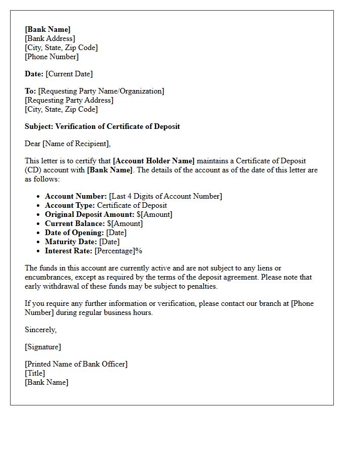 Certificate Of Deposit Verification Letter