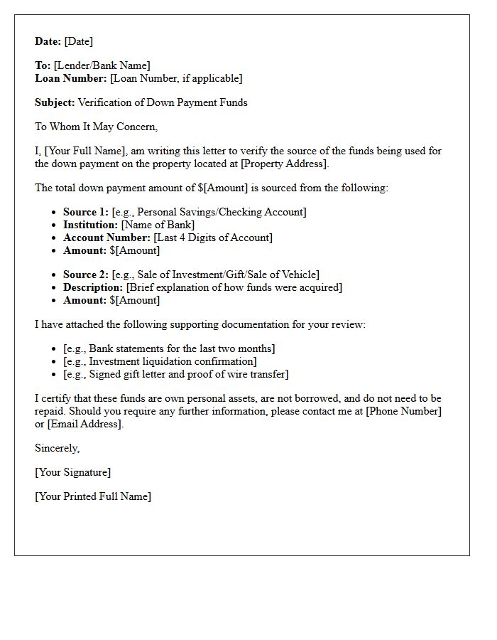Down Payment Sourcing Verification Letter