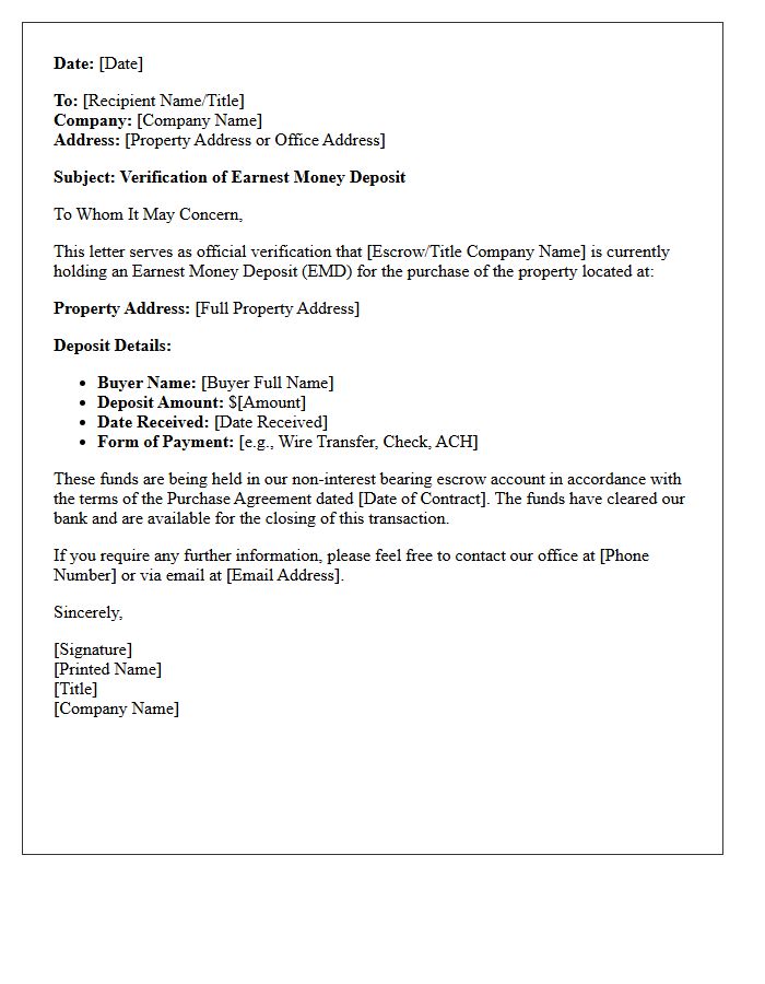 Earnest Money Deposit Verification Letter