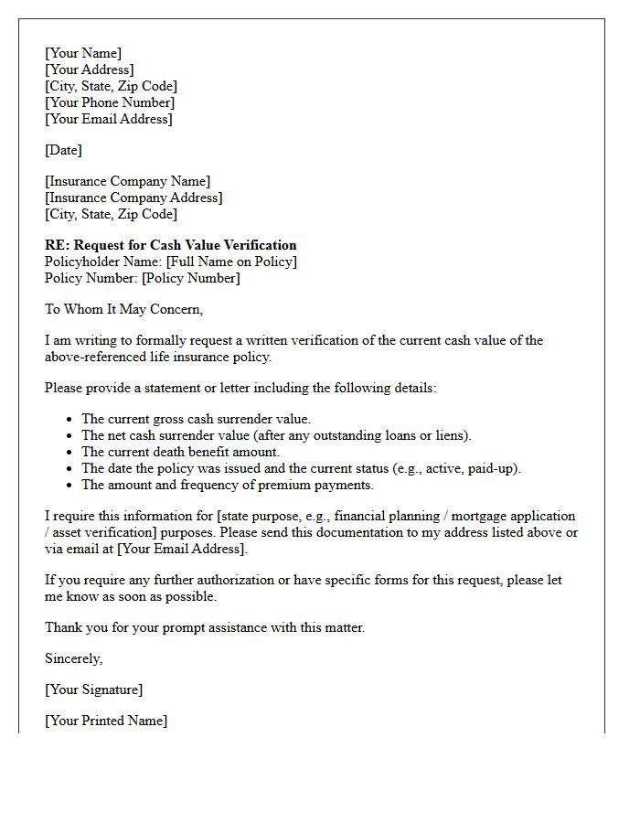 Life Insurance Cash Value Verification Letter