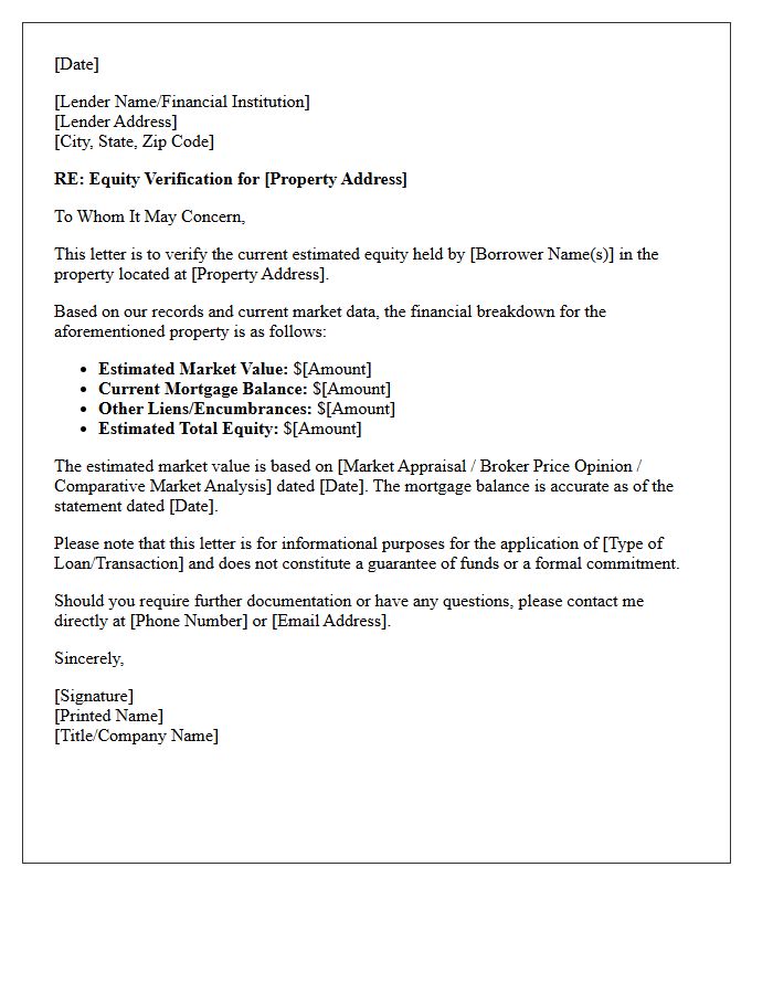 Real Estate Equity Verification Letter