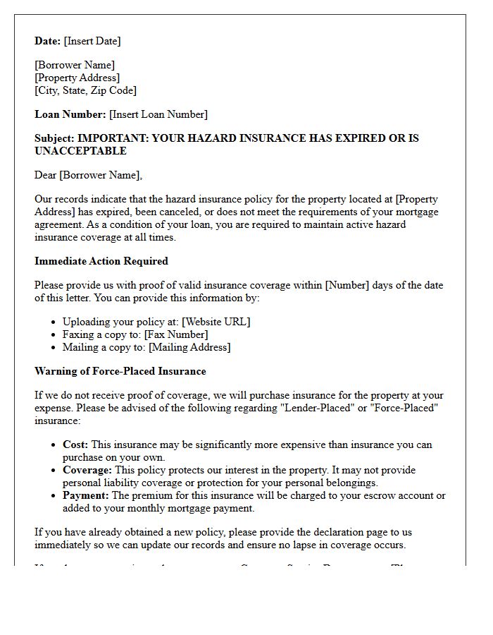 Force Placed Hazard Insurance Warning Letter