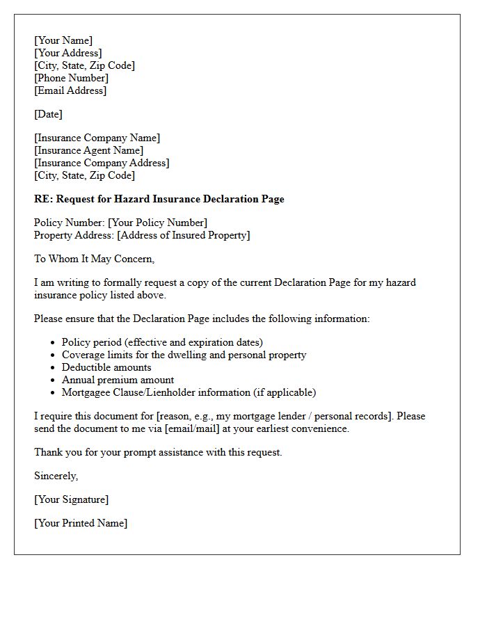 Hazard Insurance Declaration Page Request Letter