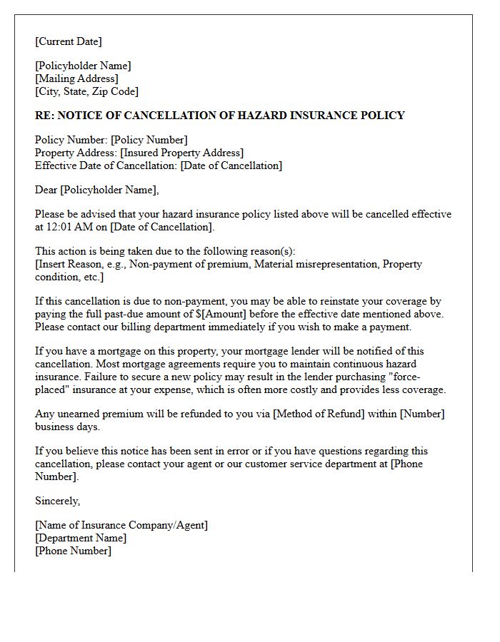 Hazard Insurance Policy Cancellation Notice Letter