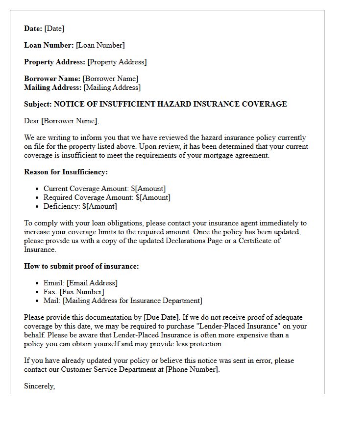 Insufficient Hazard Insurance Coverage Letter
