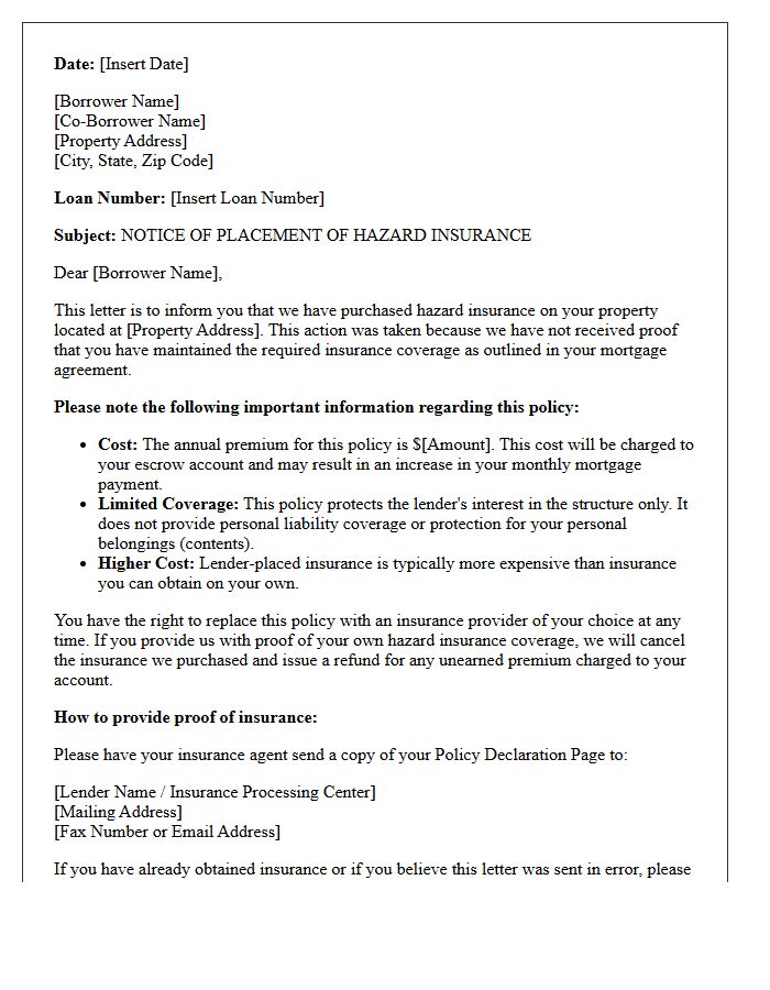 Lender Placed Hazard Insurance Notification Letter