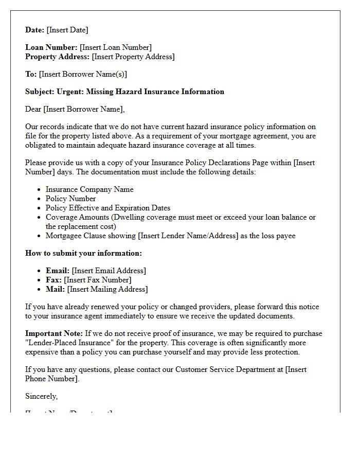 Missing Hazard Insurance Policy Information Letter