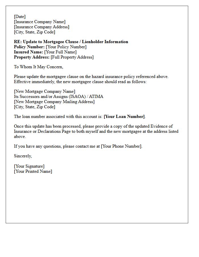 Mortgagee Clause Update For Hazard Insurance Letter