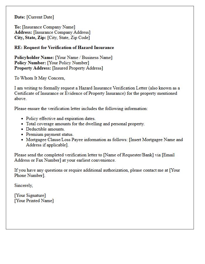 Request For Hazard Insurance Verification Letter