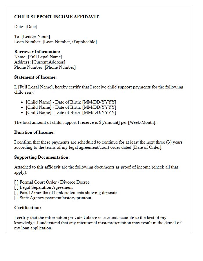 Borrower Child Support Income Affidavit Letter