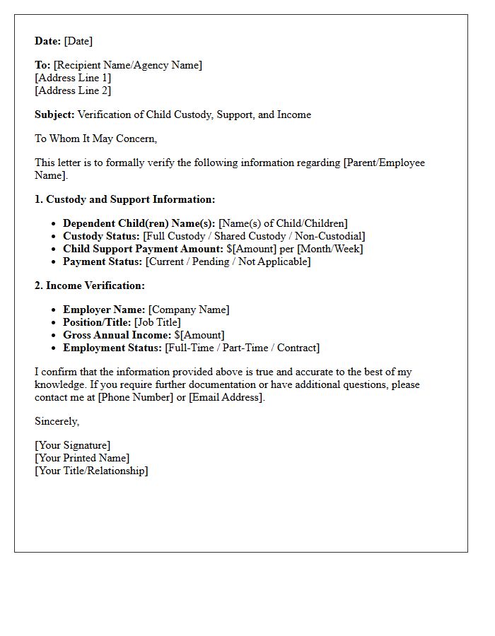 Child Support Custody And Income Verification Letter