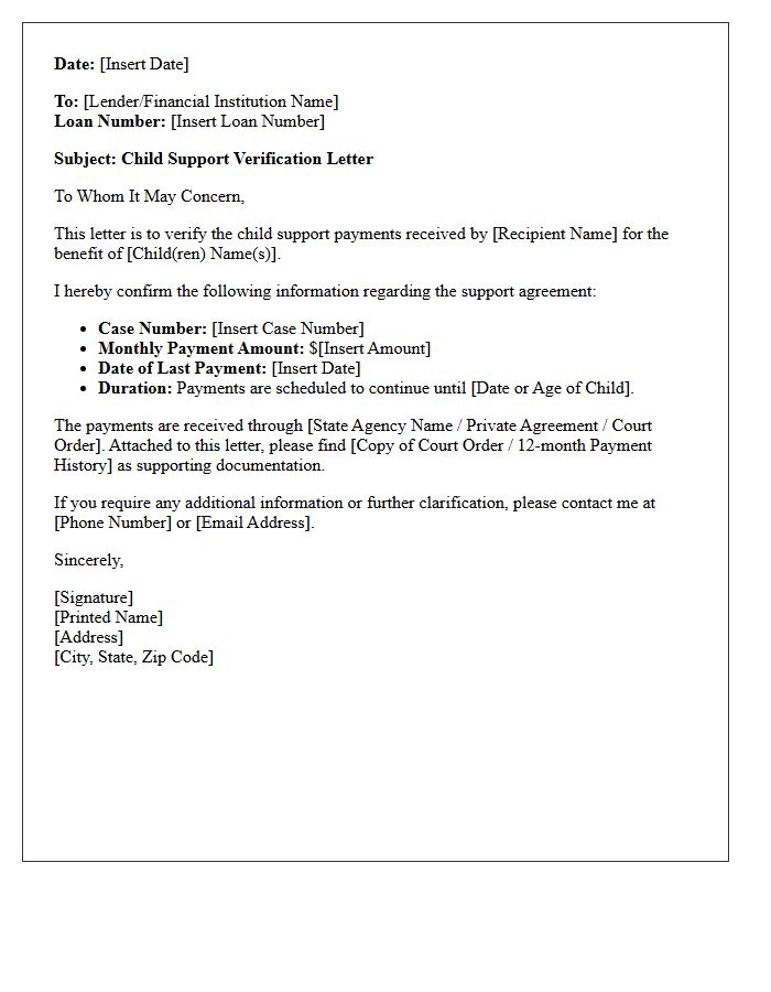 Lender Form Child Support Verification Letter