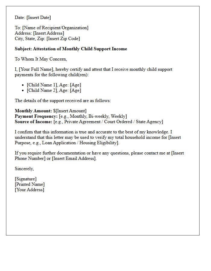 Monthly Child Support Income Attestation Letter