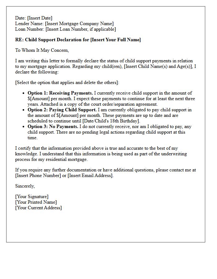 Mortgage Lender Child Support Declaration Letter