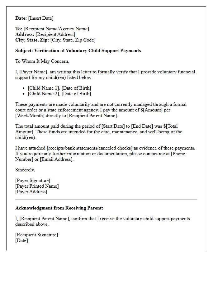 Voluntary Child Support Payment Verification Letter