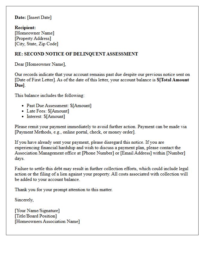 Delinquent Homeowners Association Dues Second Collection Letter