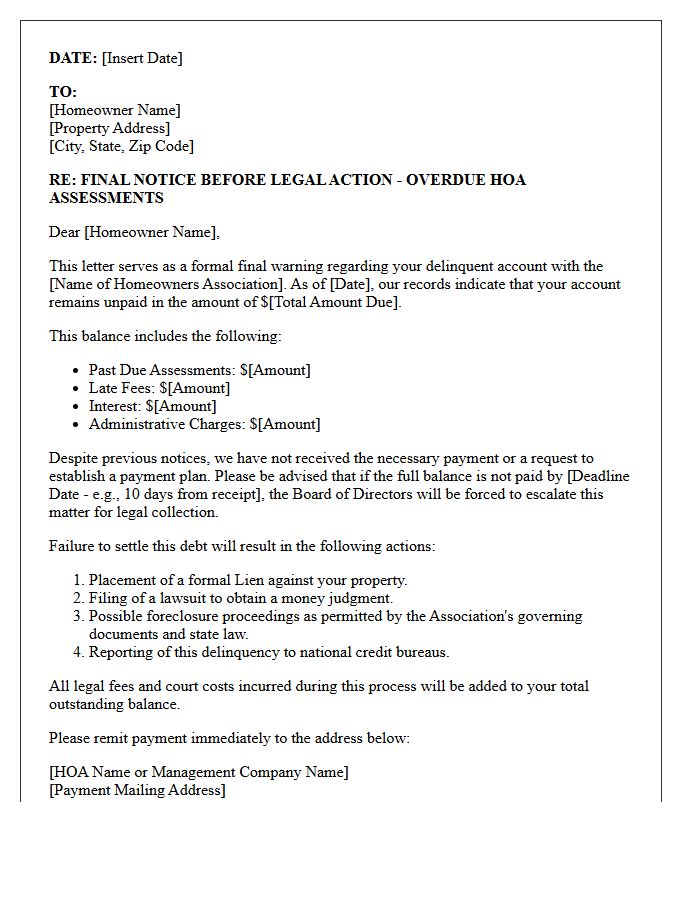 Final Warning Letter Before Legal Action for Overdue HOA Dues