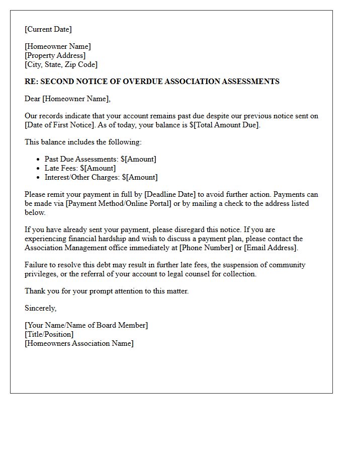 Formal Second Reminder Letter for Unpaid Association Assessments