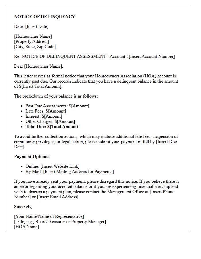 Notice of Delinquency Letter for HOA Account Balance