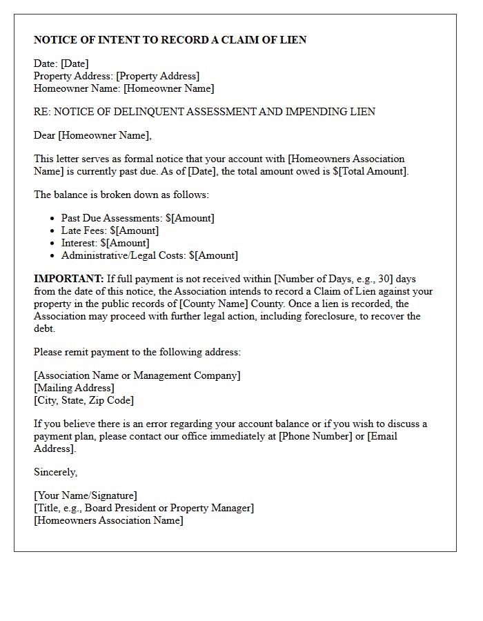 Notice of Impending Lien Letter for Past Due Homeowner Fees