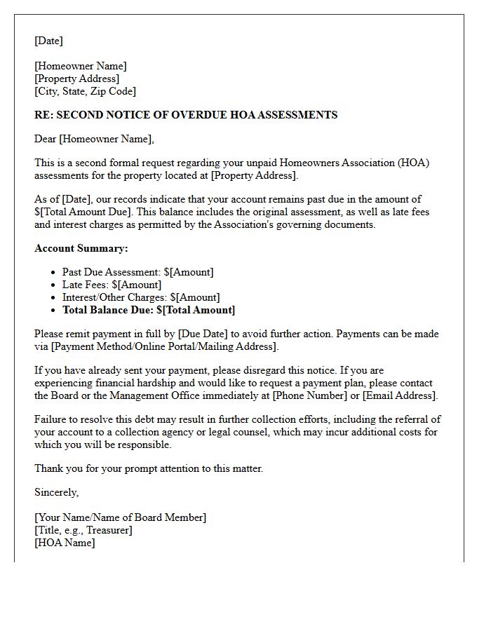 Official Second Request Letter for Overdue HOA Payments