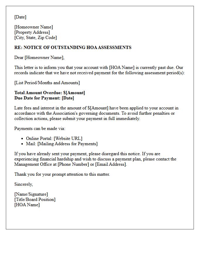 Outstanding Account Status Letter for Overdue HOA Assessments