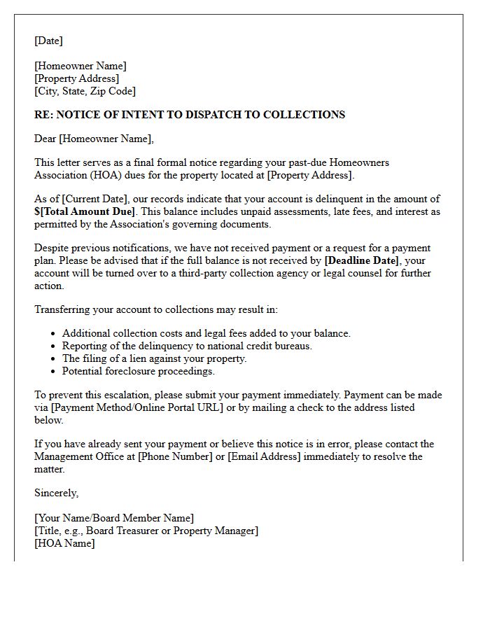 Pre-Collection Agency Warning Letter for Unpaid Homeowner Dues