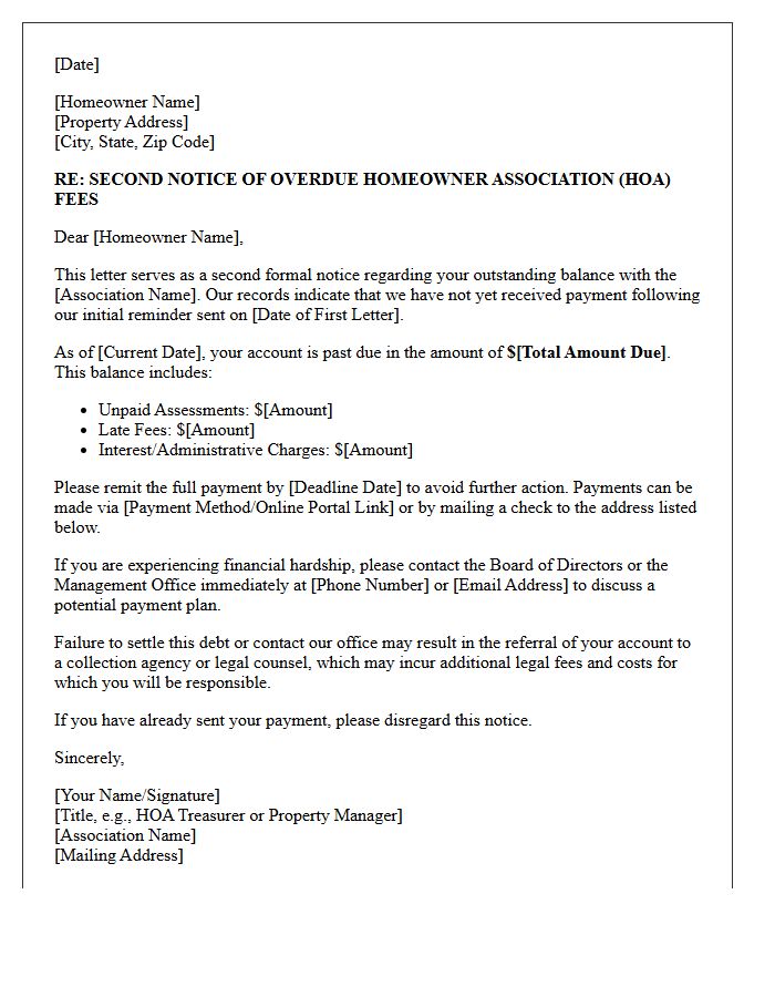 Second Debt Collection Letter for Outstanding Homeowner Fees