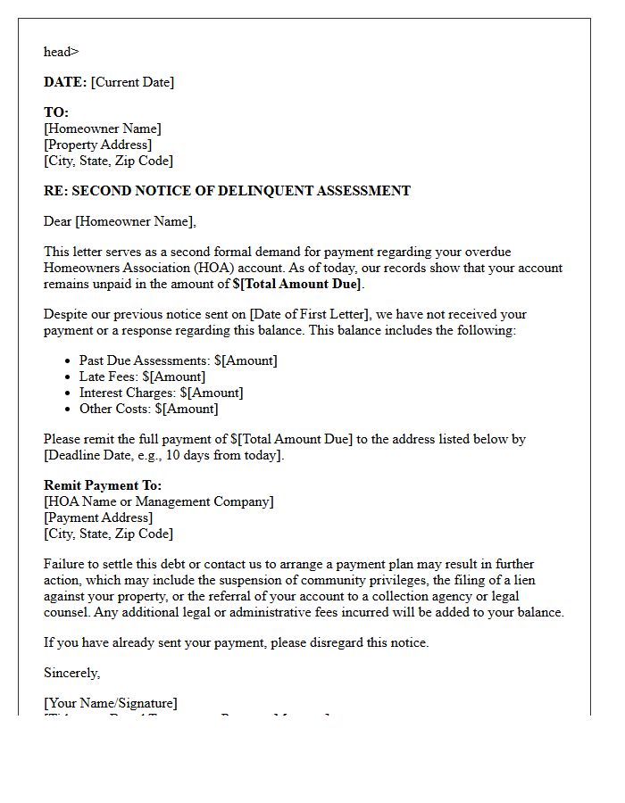 Second Demand Letter for Delinquent Homeowners Association Balance