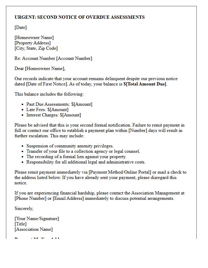 Second Escalation Letter for Past Due Association Assessments