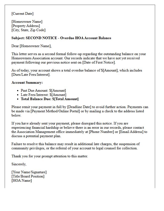 Second Follow-Up Letter Regarding Overdue HOA Account Balance