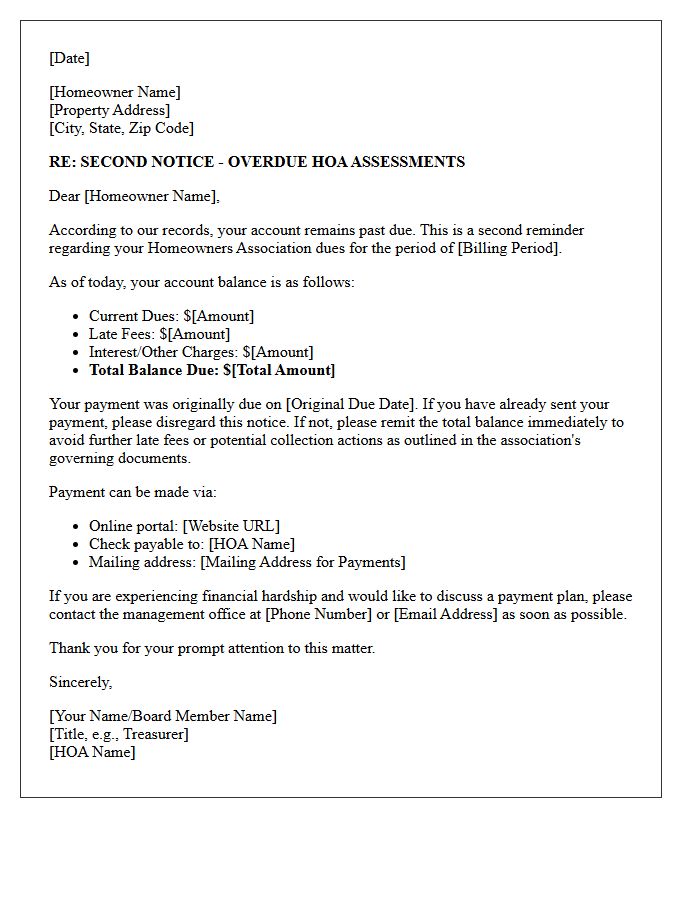 Second Reminder Letter for Overdue Homeowners Association Dues