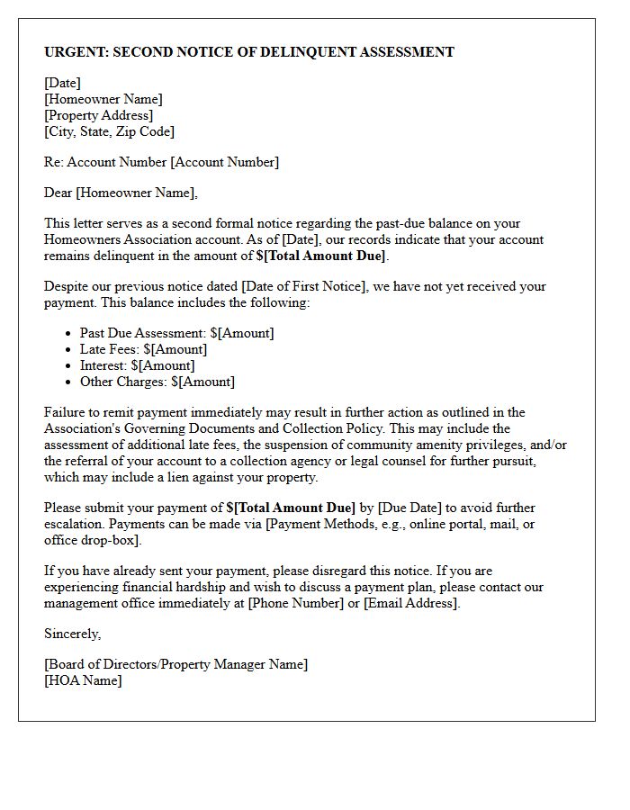 Urgent Second Notice Letter for Unpaid HOA Assessments