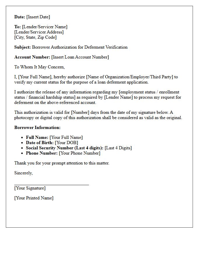Borrower Authorization For Deferment Verification Letter
