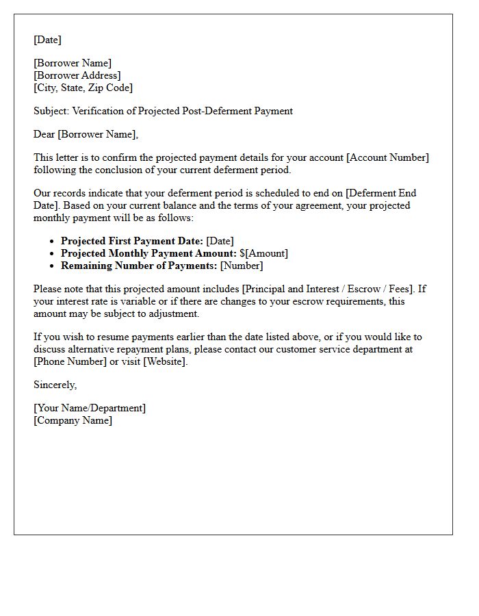 Projected Post-Deferment Payment Verification Letter