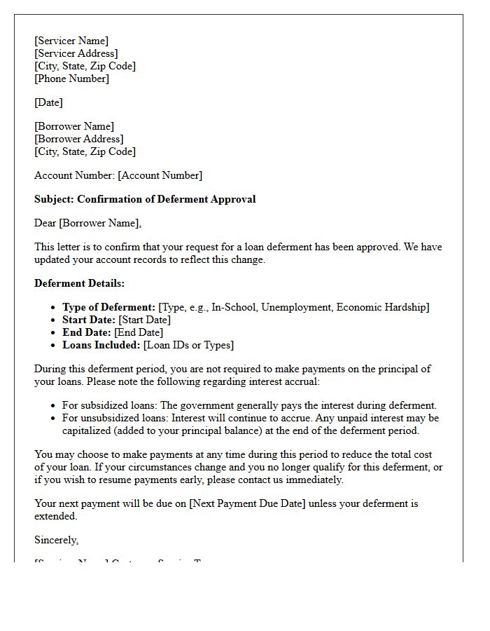 Student Loan Servicer Deferment Confirmation Letter