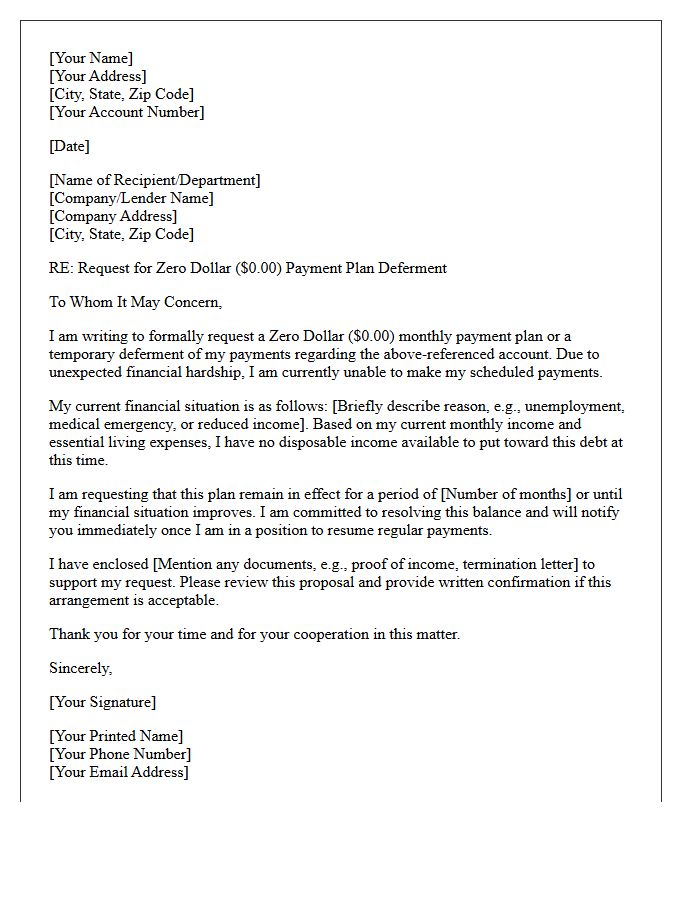 Zero Dollar Payment Plan Deferment Letter