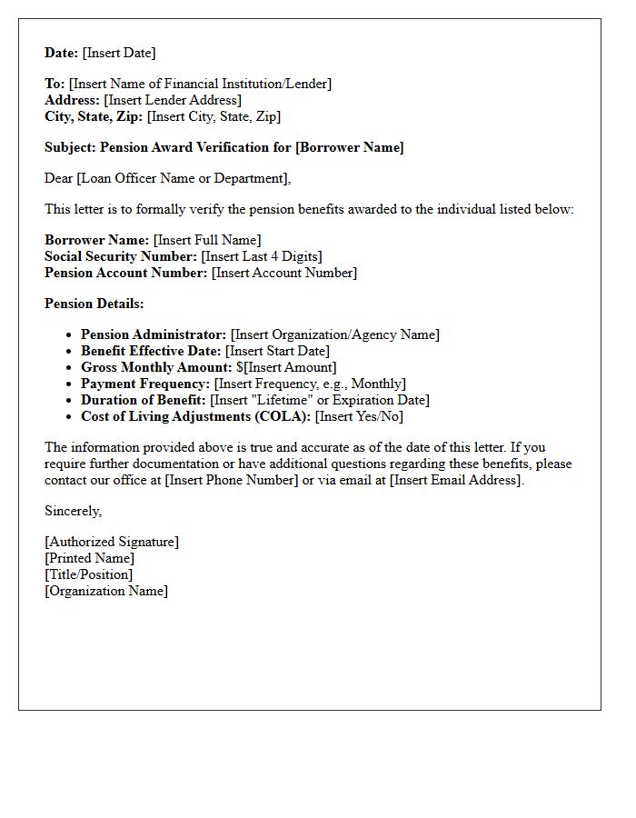 Borrower Pension Award Verification Letter