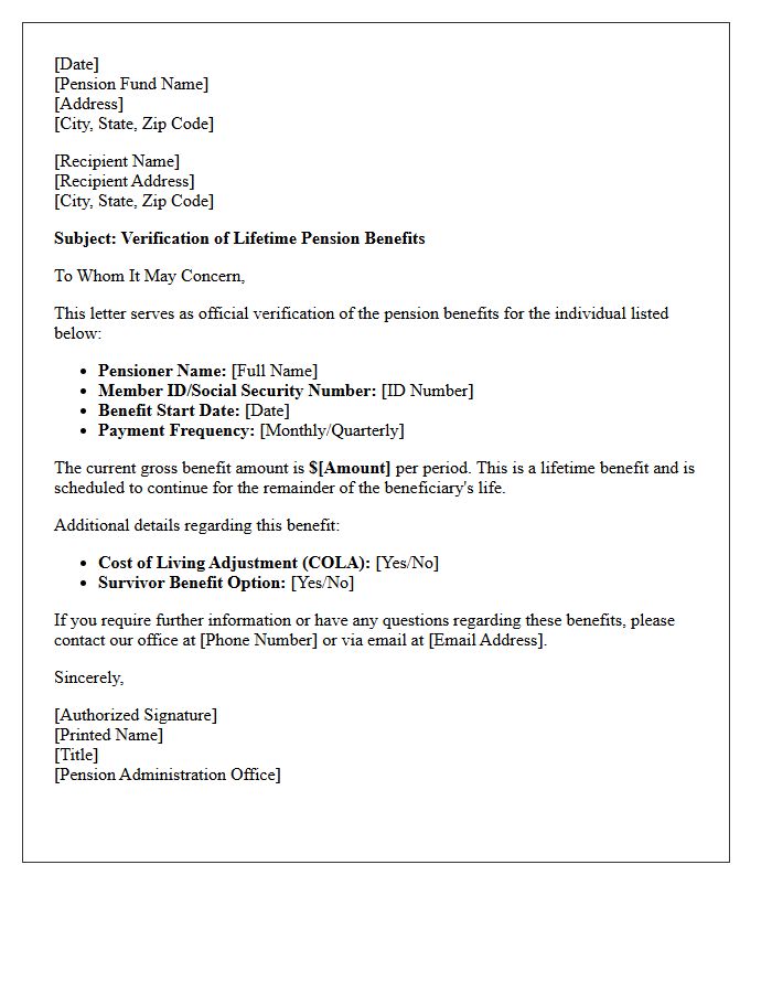 Lifetime Pension Benefit Verification Letter